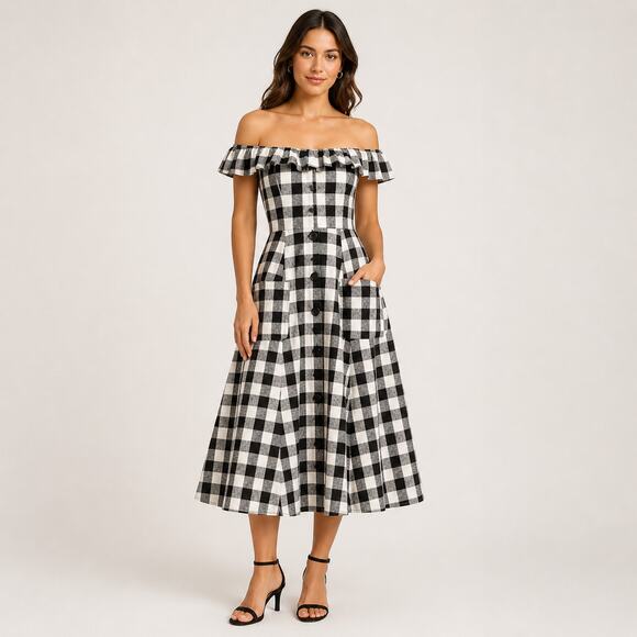Reformation Dresses & Skirts - Reformation Hattie Linen Midi Dress Gingham Black White Size 6 Off the Shoulder